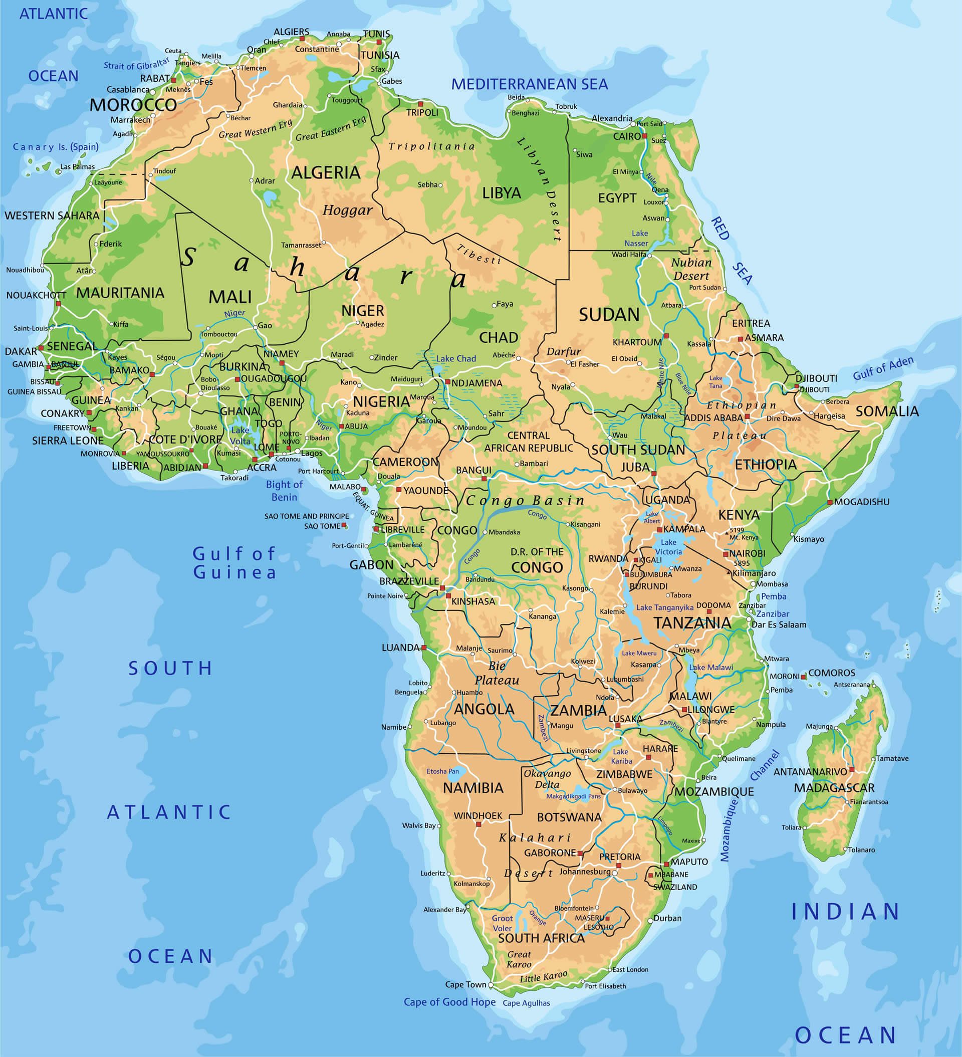 High-Detail Physical Map of Africa with Terrain and Geographic Features